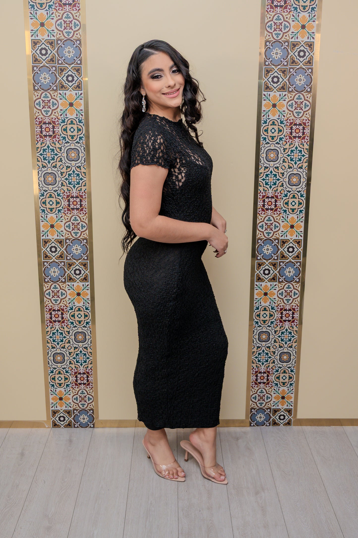 Black Lace Short Sleeve Dress