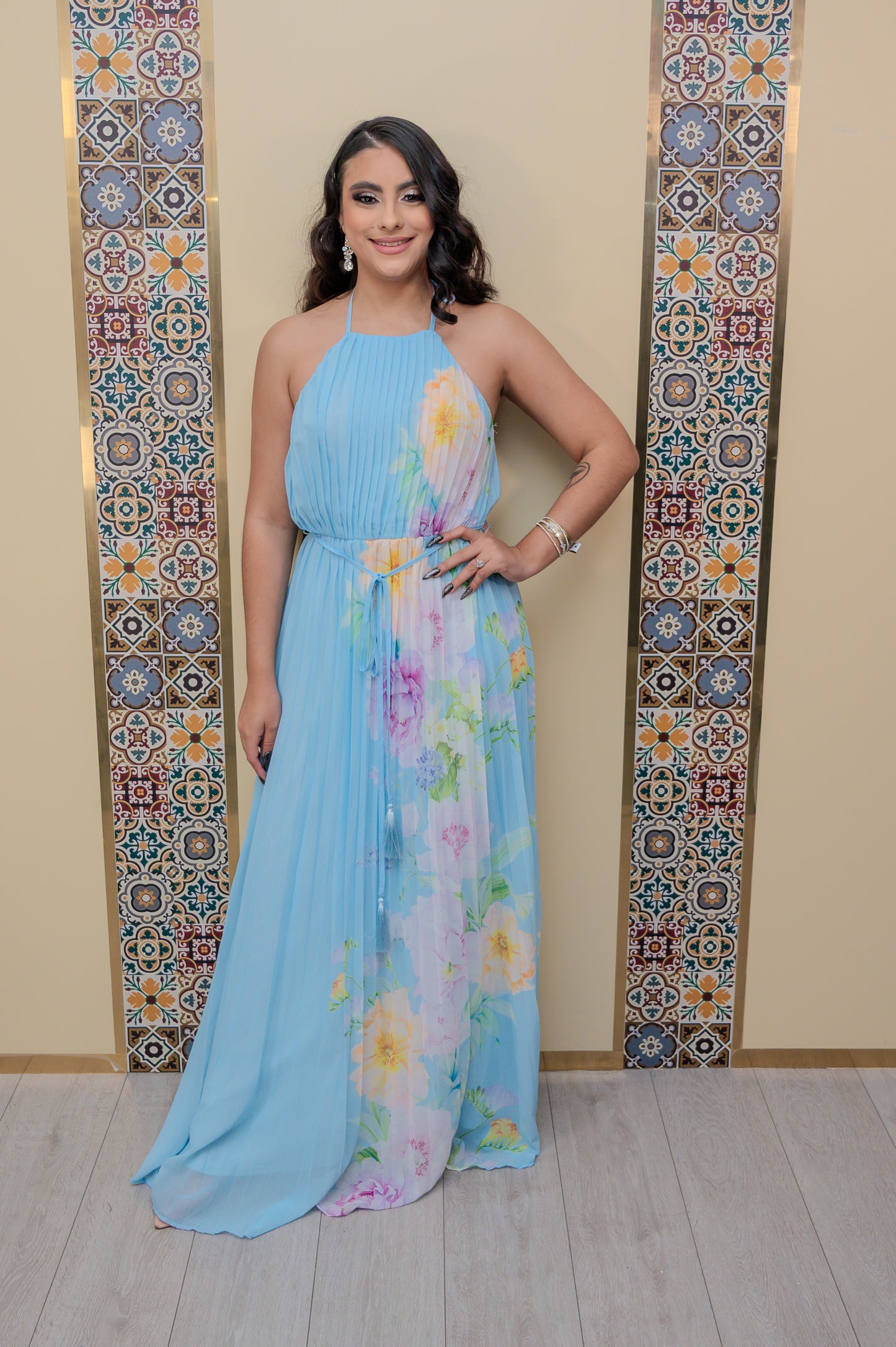 Blue Halter Pleated Maxi Dress