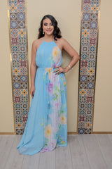 Blue Halter Pleated Maxi Dress