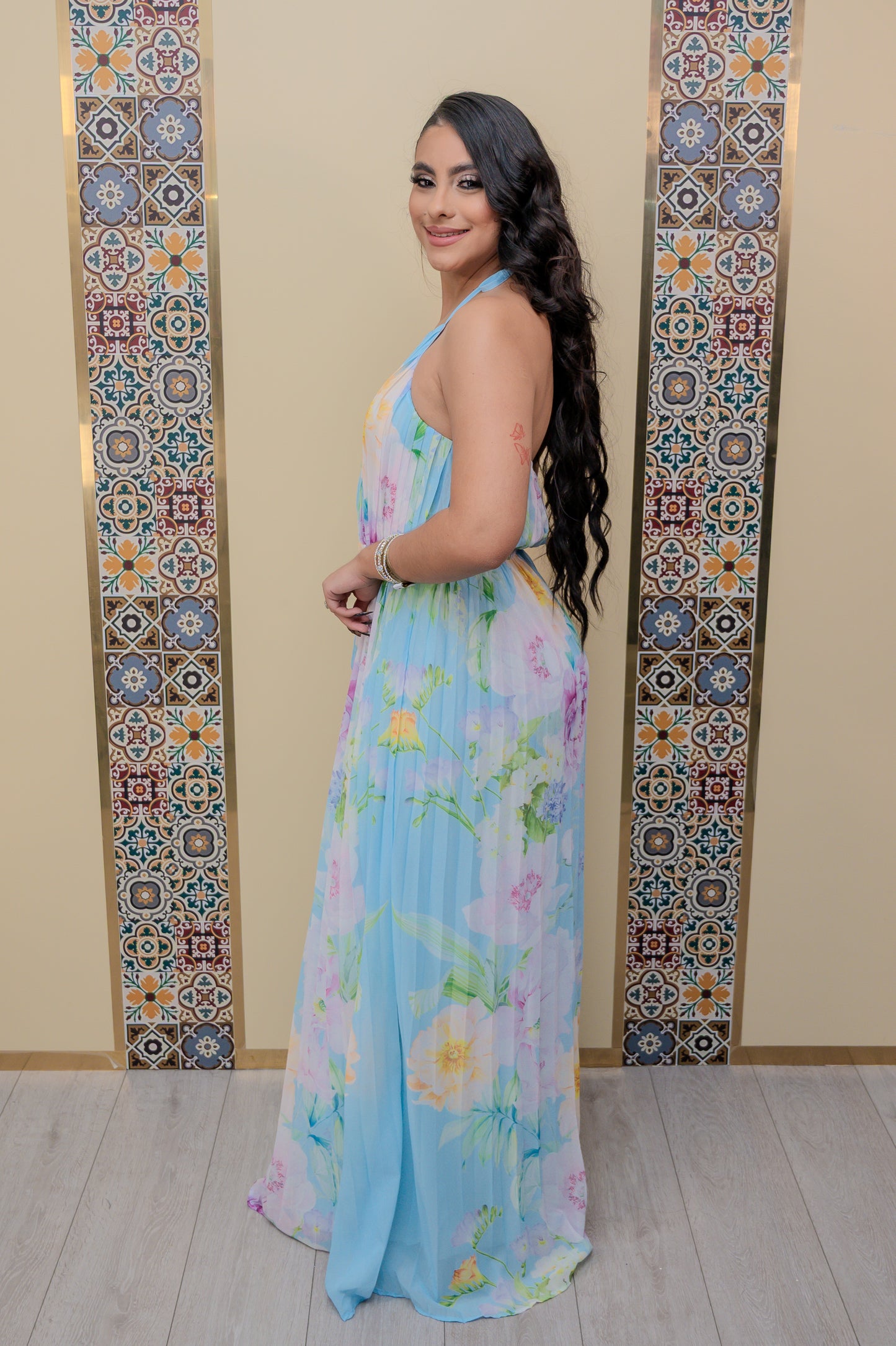 Blue Halter Pleated Maxi Dress