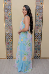 Blue Halter Pleated Maxi Dress