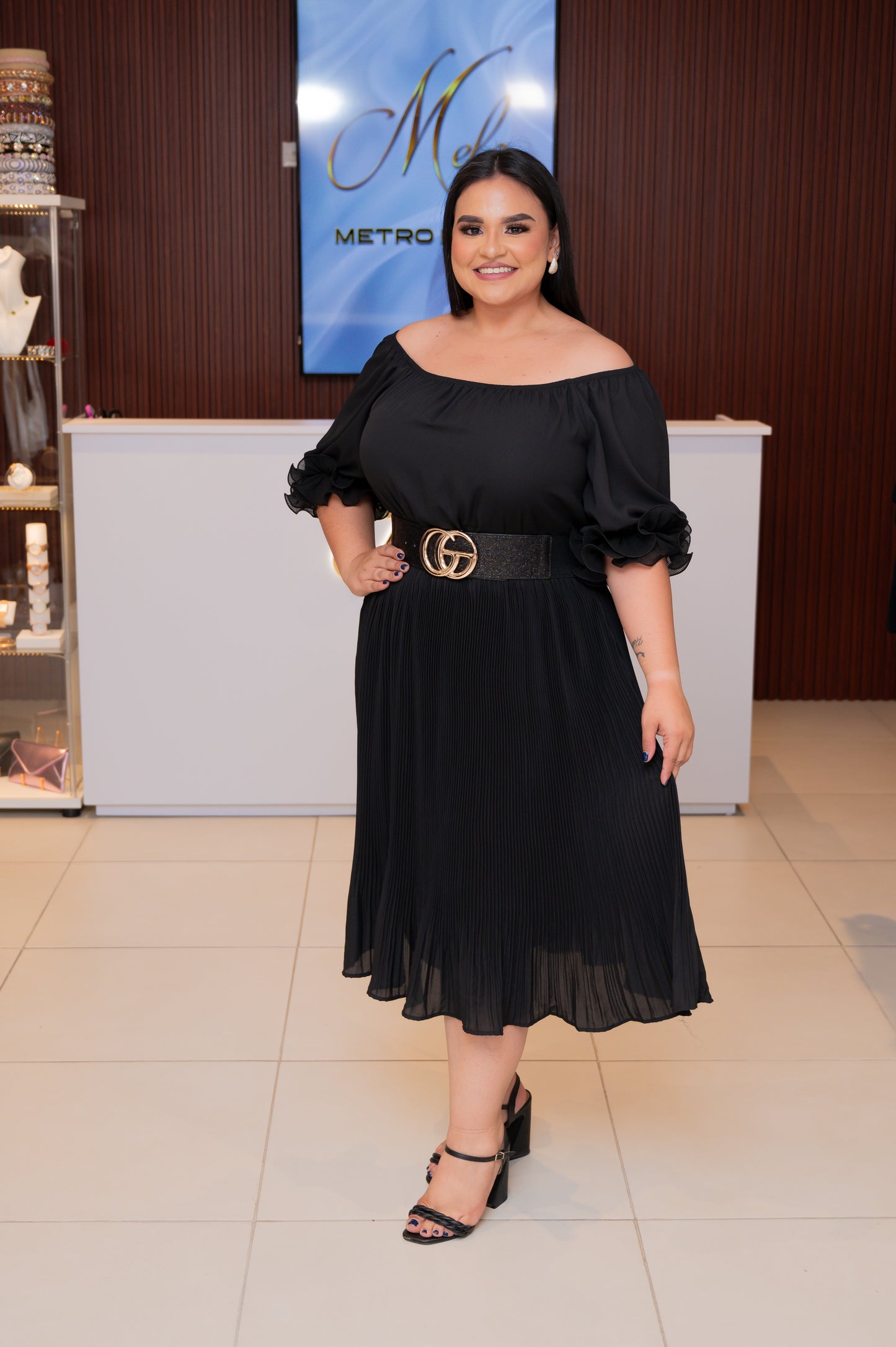 Black Pleated Midi Off Shoulder Dress