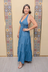 Light Wash Halter Denim Midi Dress