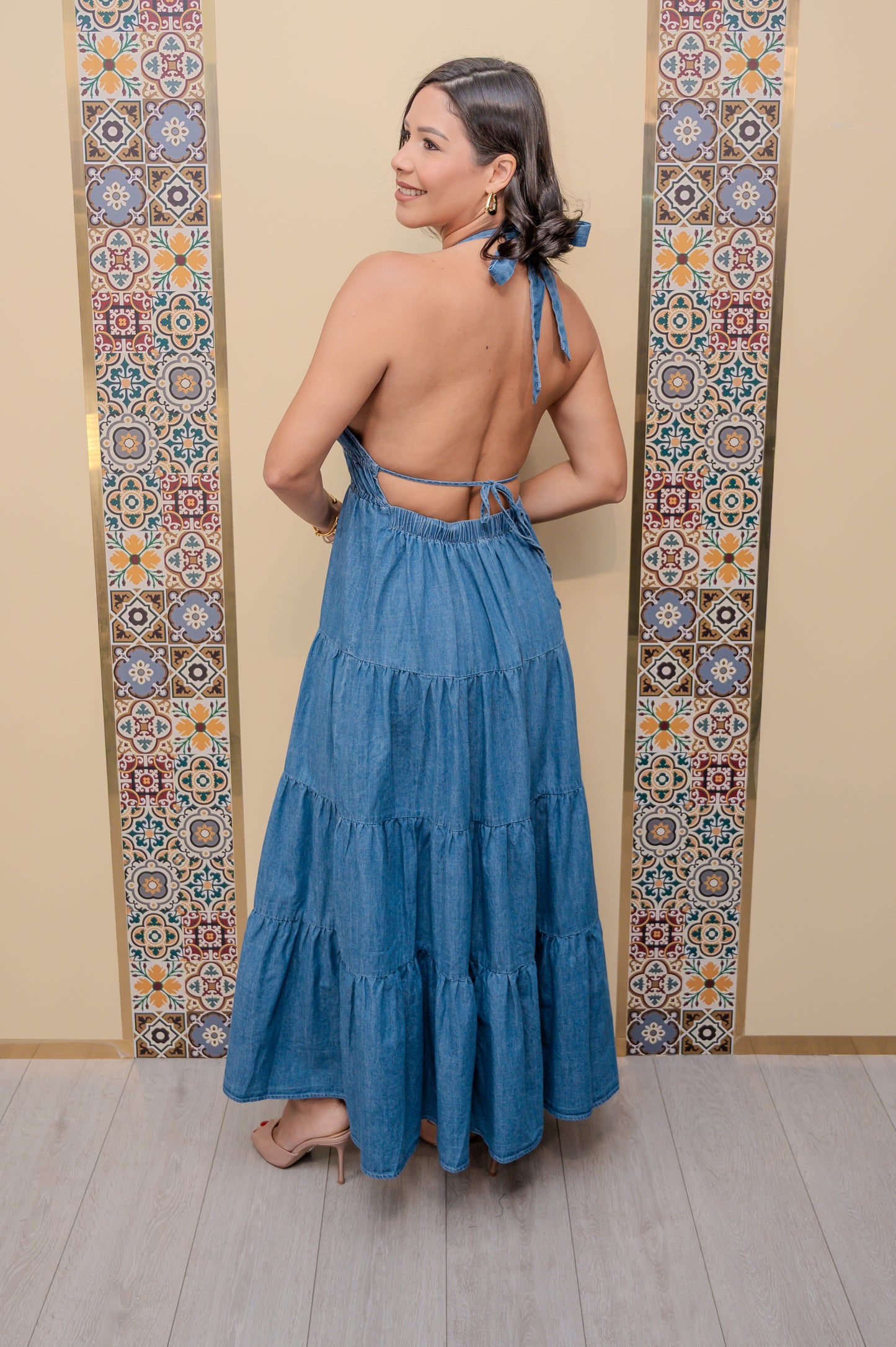 Light Wash Halter Denim Midi Dress