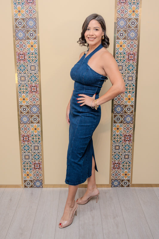 Dark Indigo Halter Midi Dress