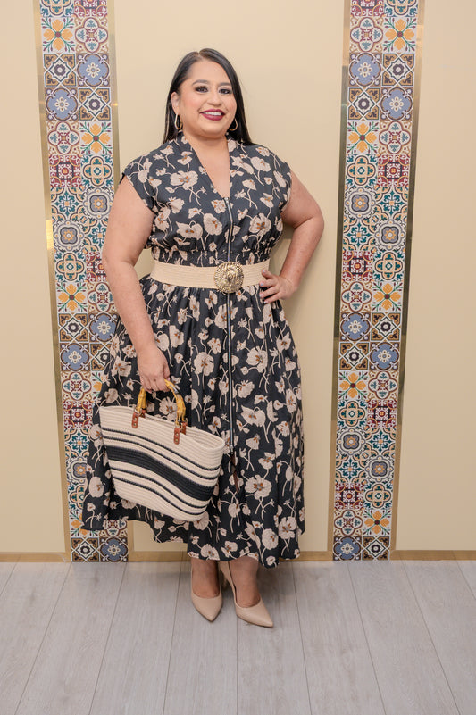 Black Floral Drop Shoulder Midi Dress
