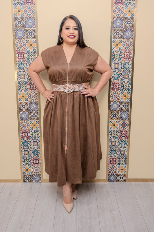 Brown Suede Drop Shoulder Midi Dress