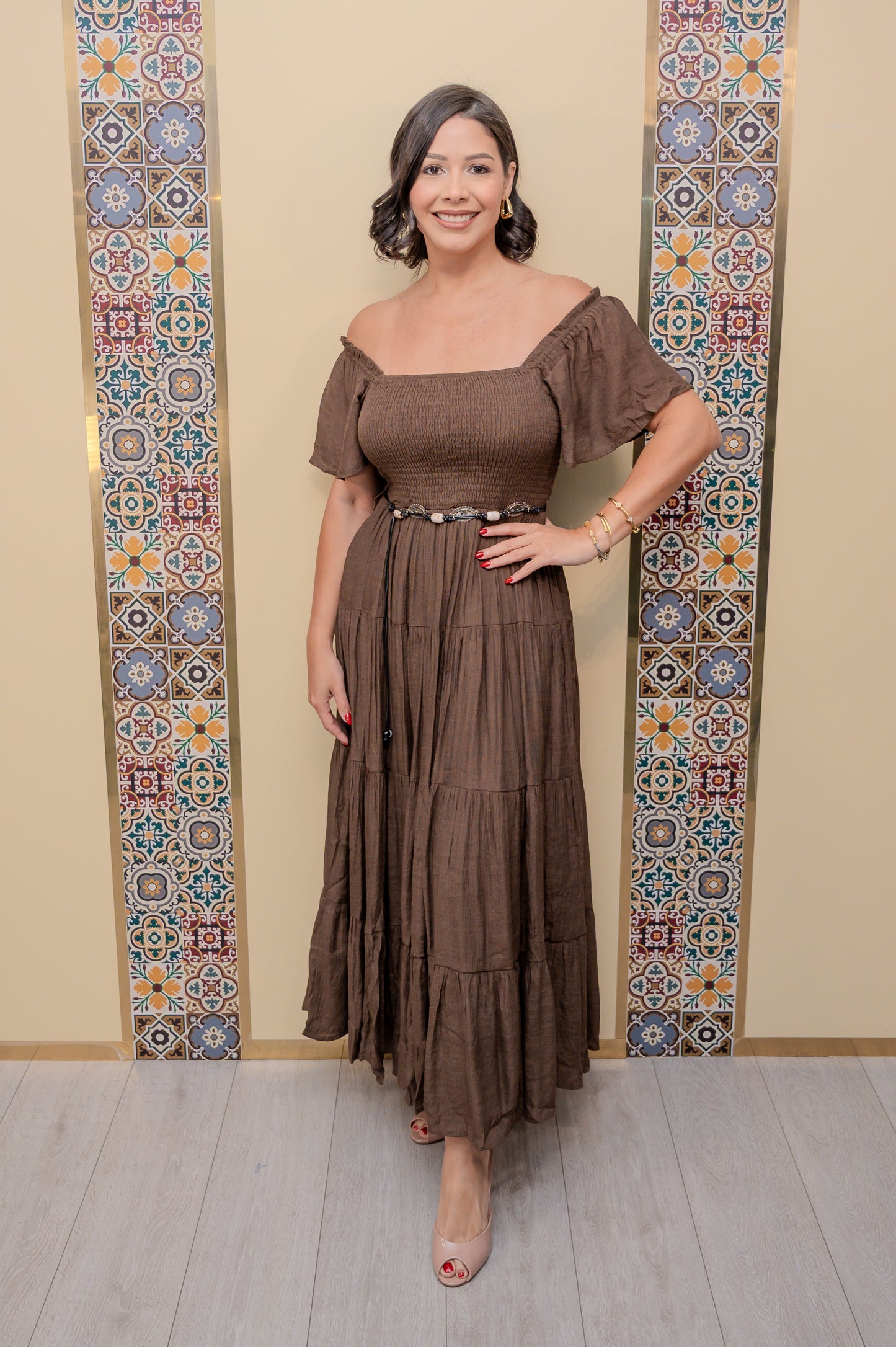 Brown Tiered Dress with Belt