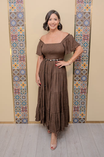 Brown Tiered Dress with Belt