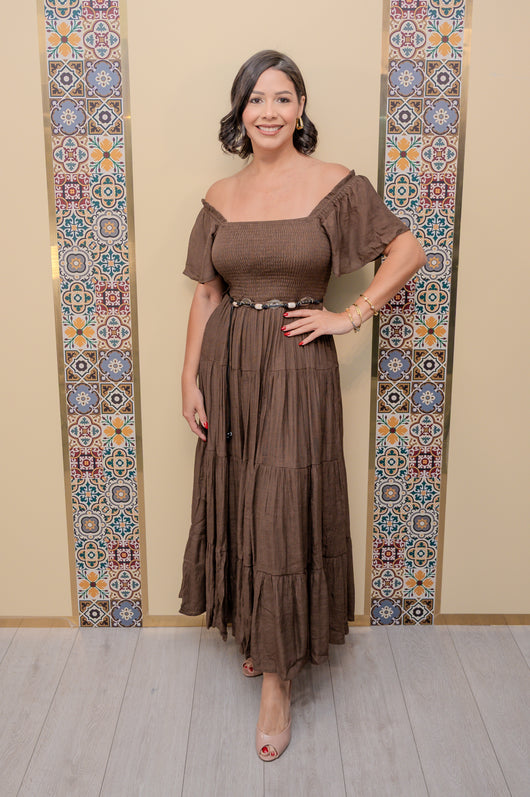 Brown Tiered Dress with Belt