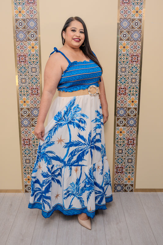 Blue Printed Smocked Maxi Dress