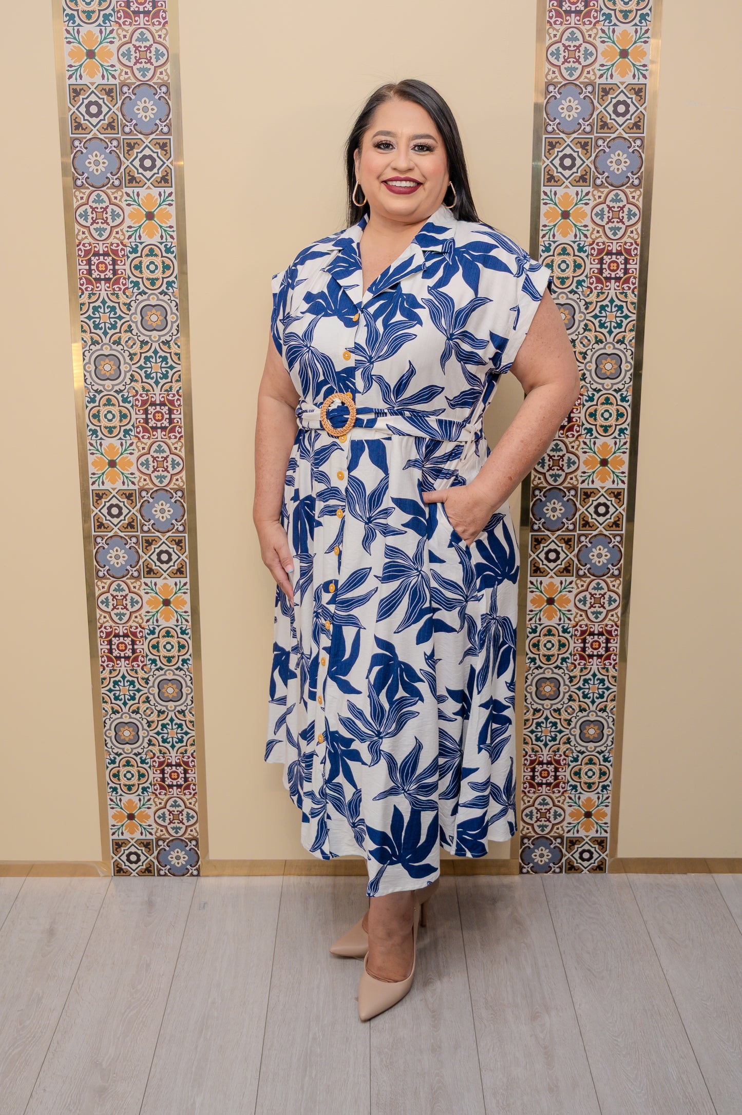 Off White Navy Printed Dress