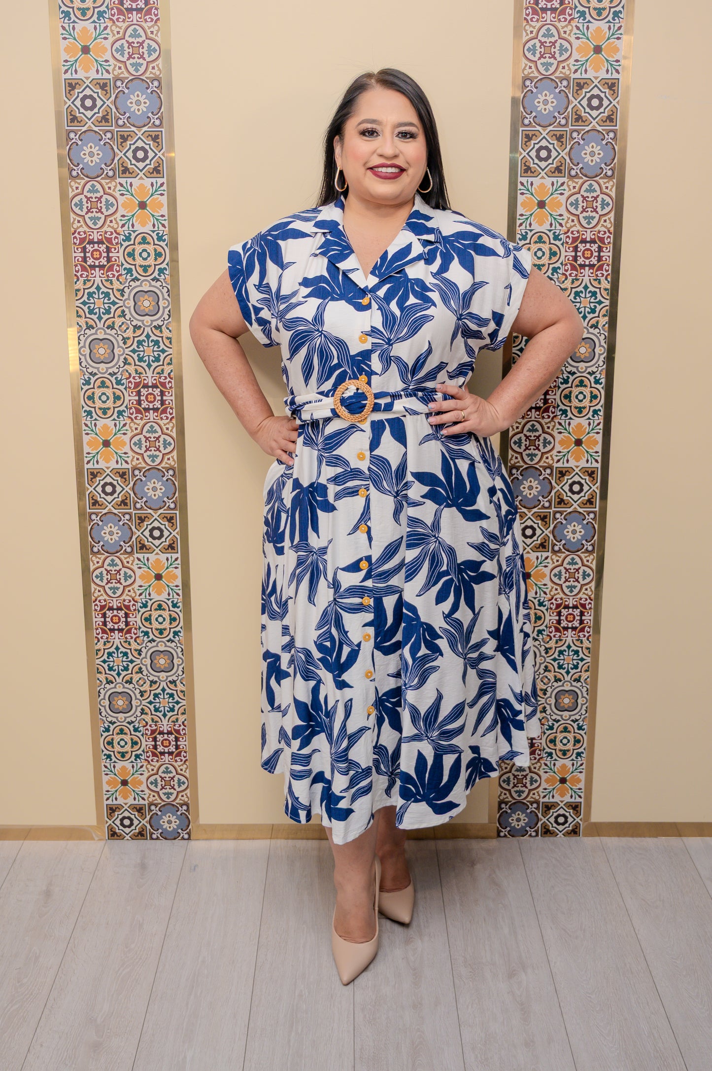 Off White Navy Printed Dress