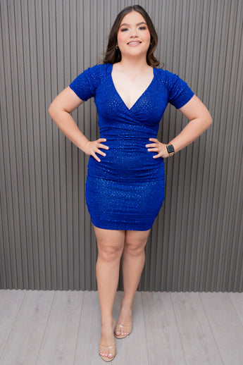 Royal Blue Short Sleeve Glitter Dress