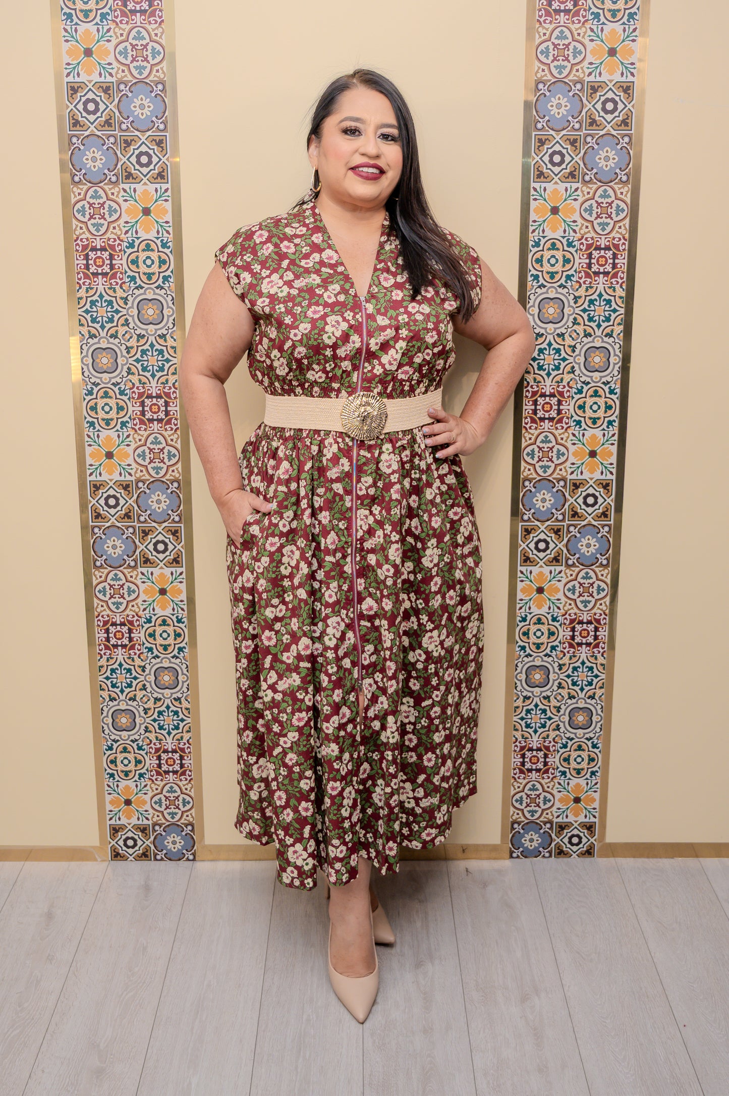 Wine Floral Shoulder Midi Dress