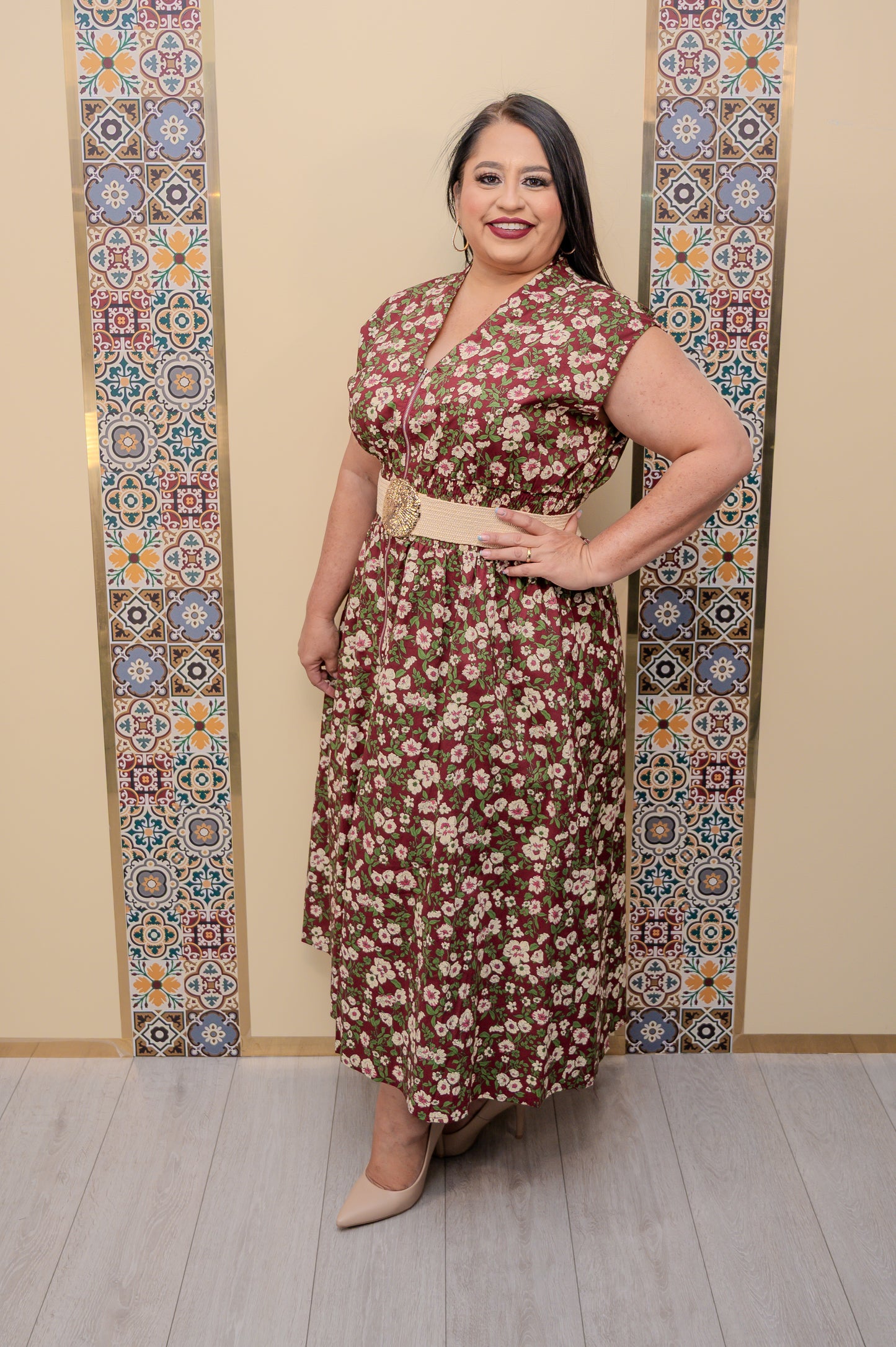 Wine Floral Shoulder Midi Dress
