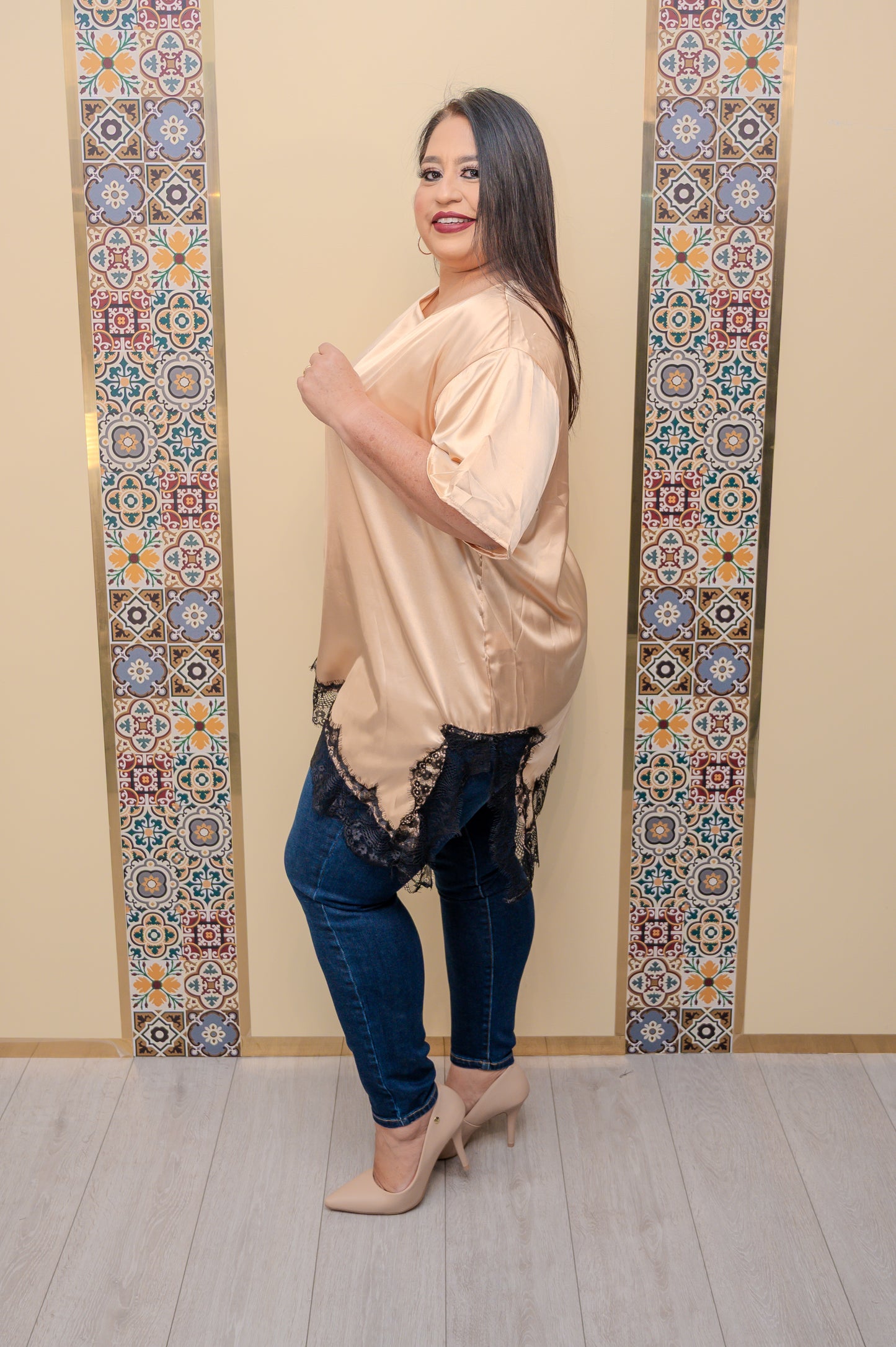 Camel Satin Asymmetrical Blouse