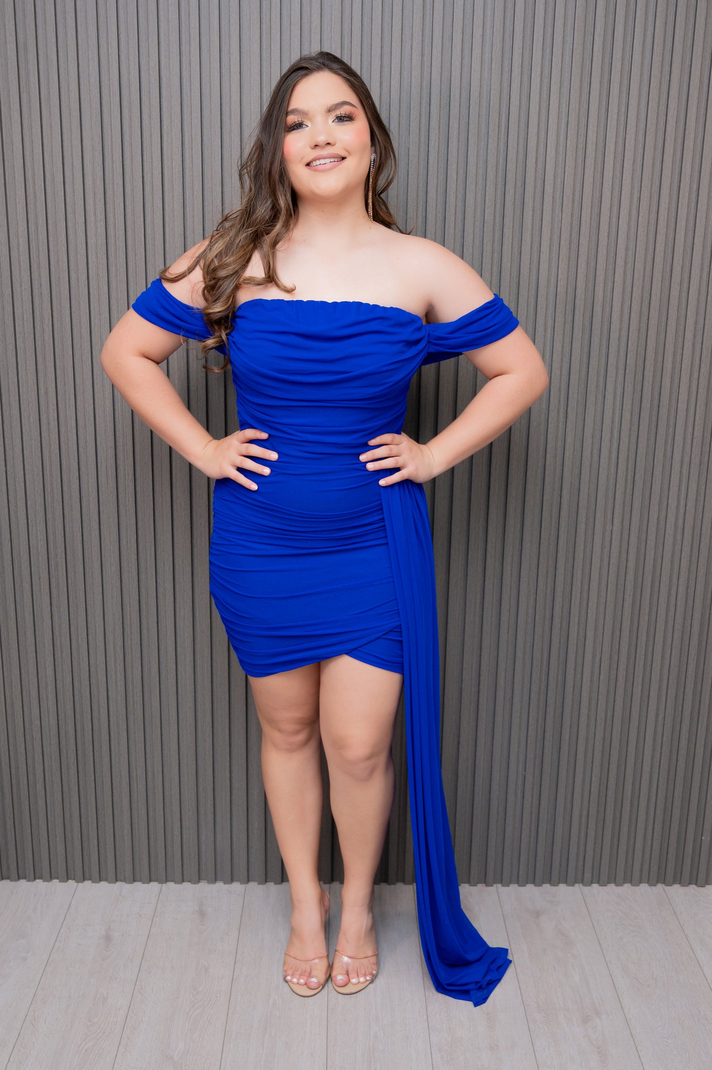 Royal Blue Mesh Off Shoulder Side Tail Dress