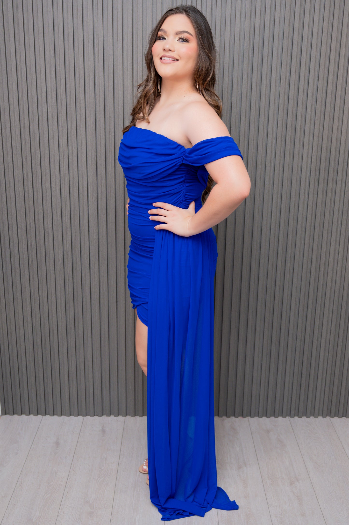 Royal Blue Mesh Off Shoulder Side Tail Dress