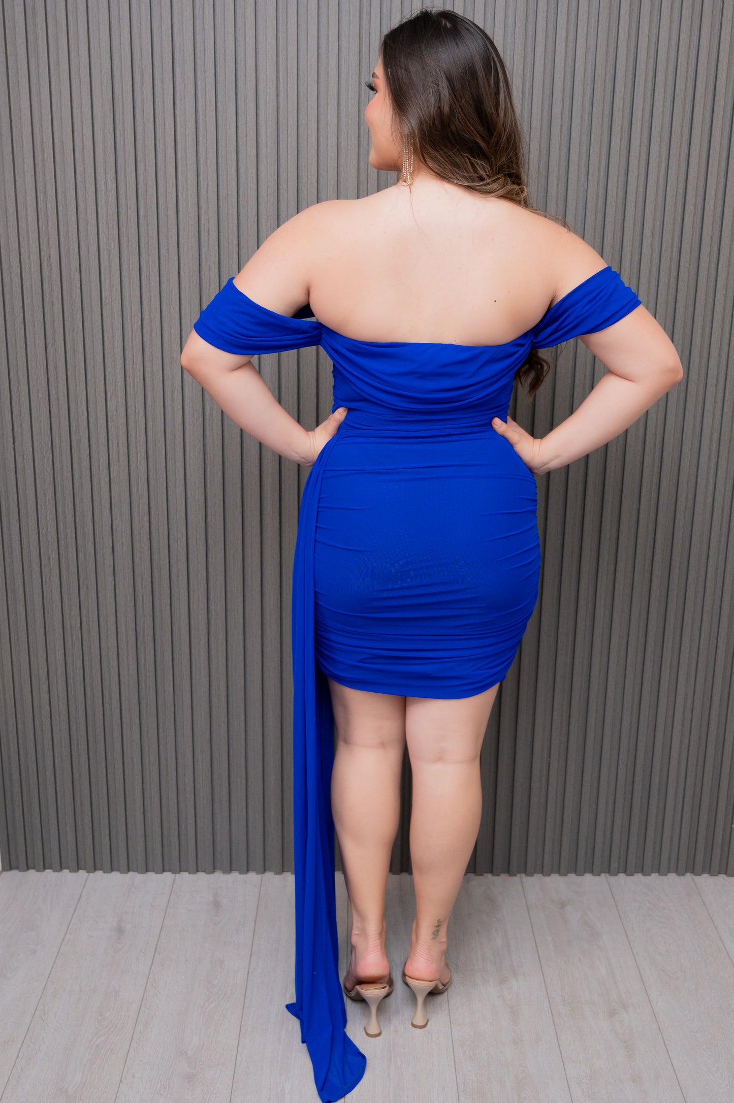 Royal Blue Mesh Off Shoulder Side Tail Dress
