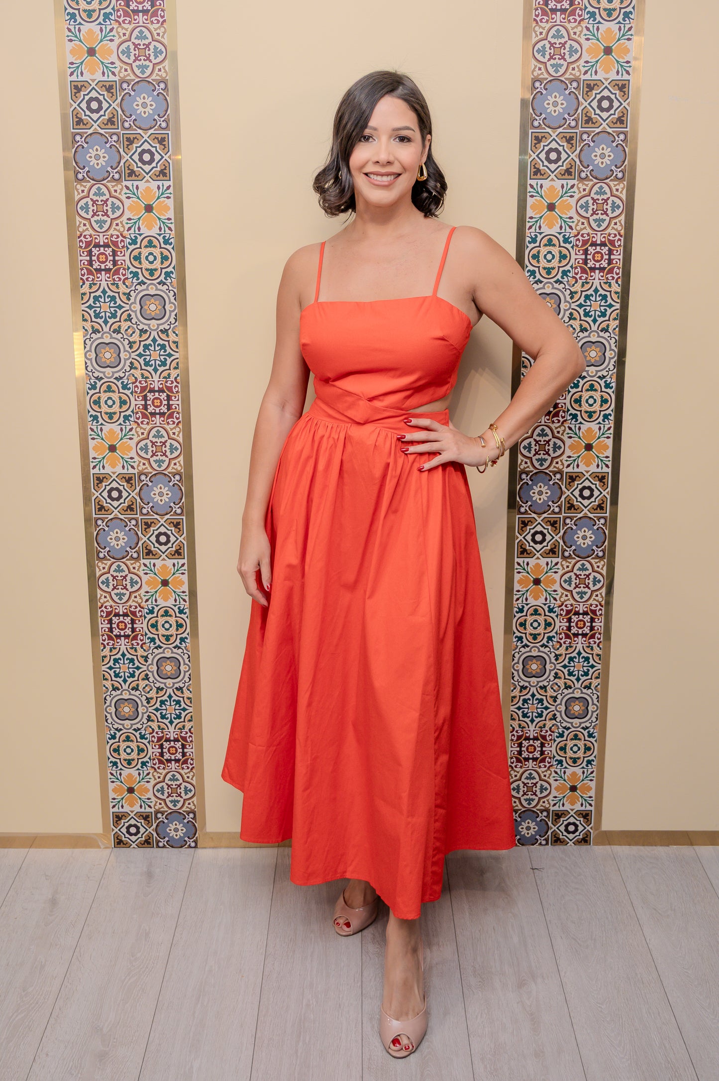 Coral Red Back Tie Midi Dress