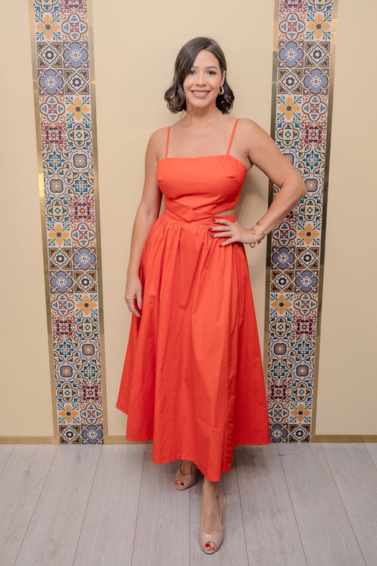 Coral Red Back Tie Midi Dress