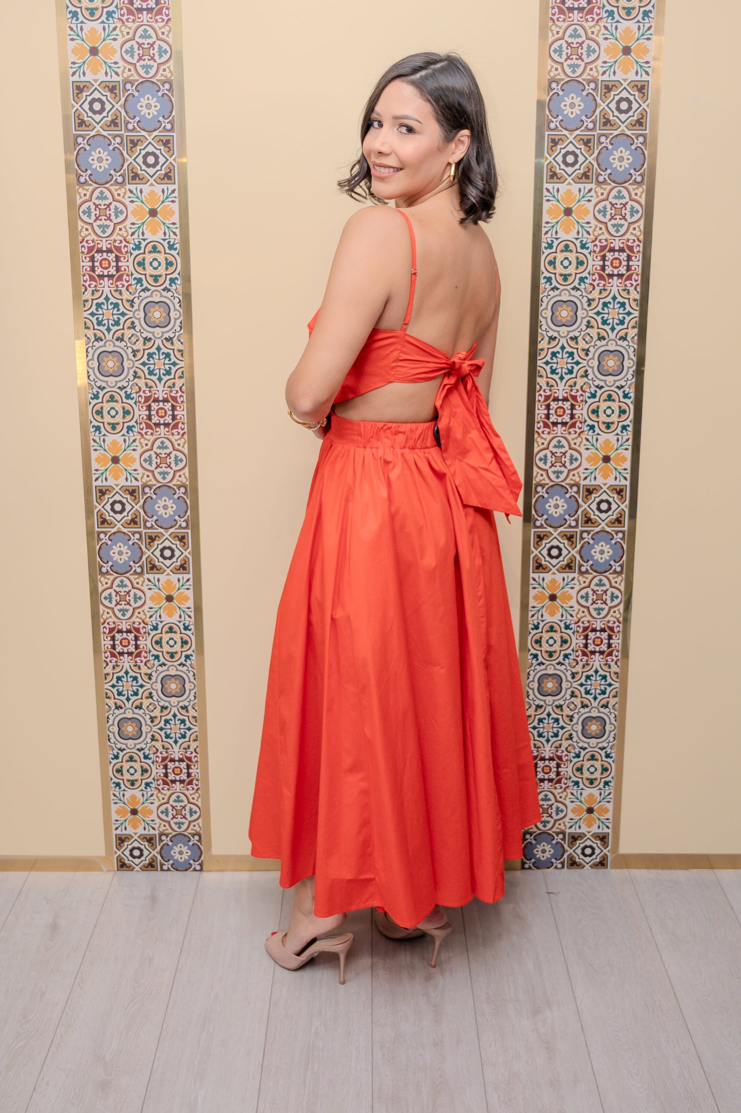 Coral Red Back Tie Midi Dress