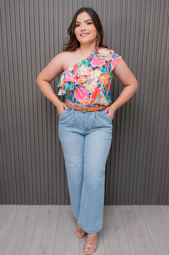 Blue/Orange One Shoulder Ruffle Top