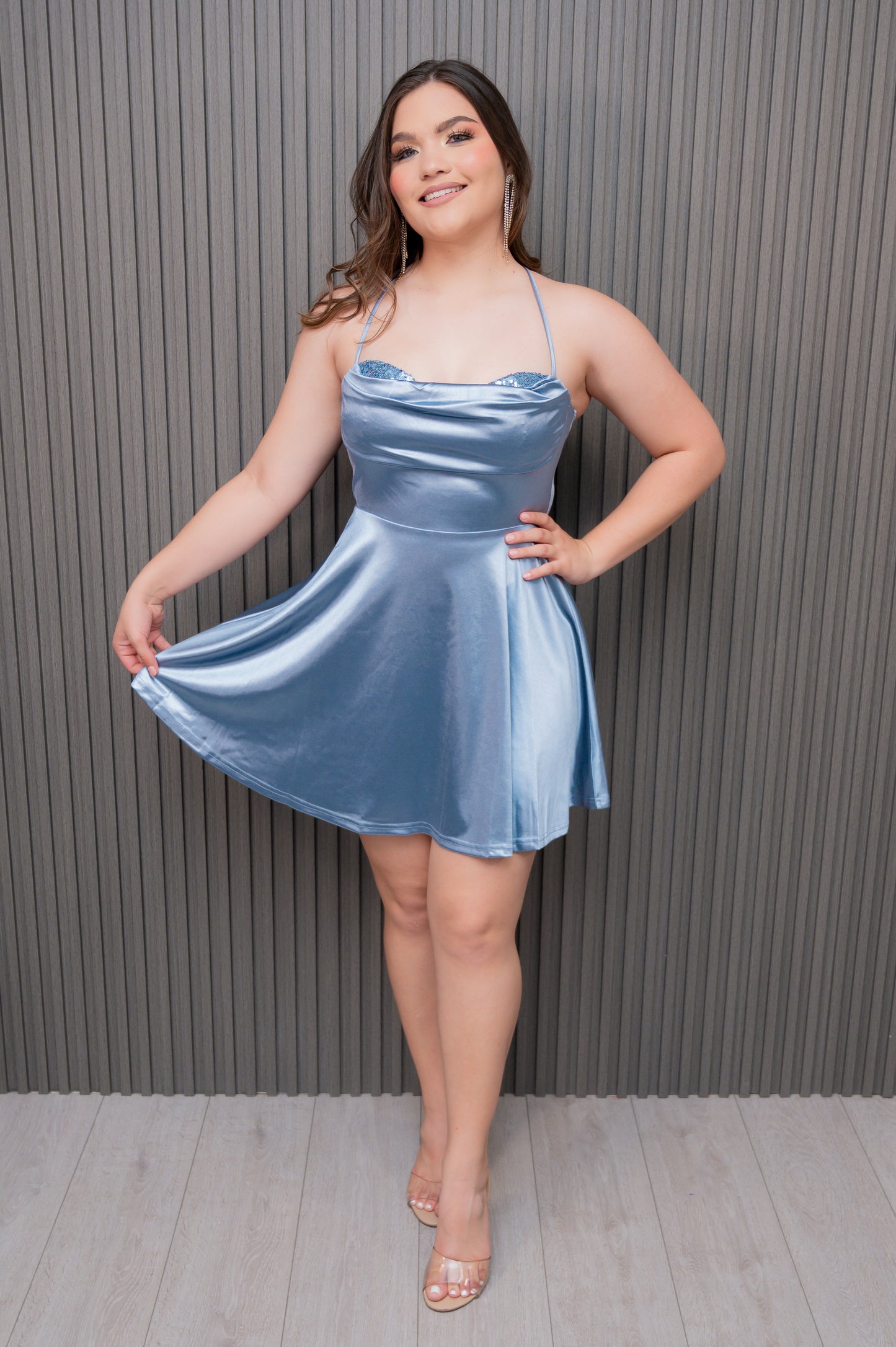Sage Satin Fit and Flare Dress with Sequin Bust