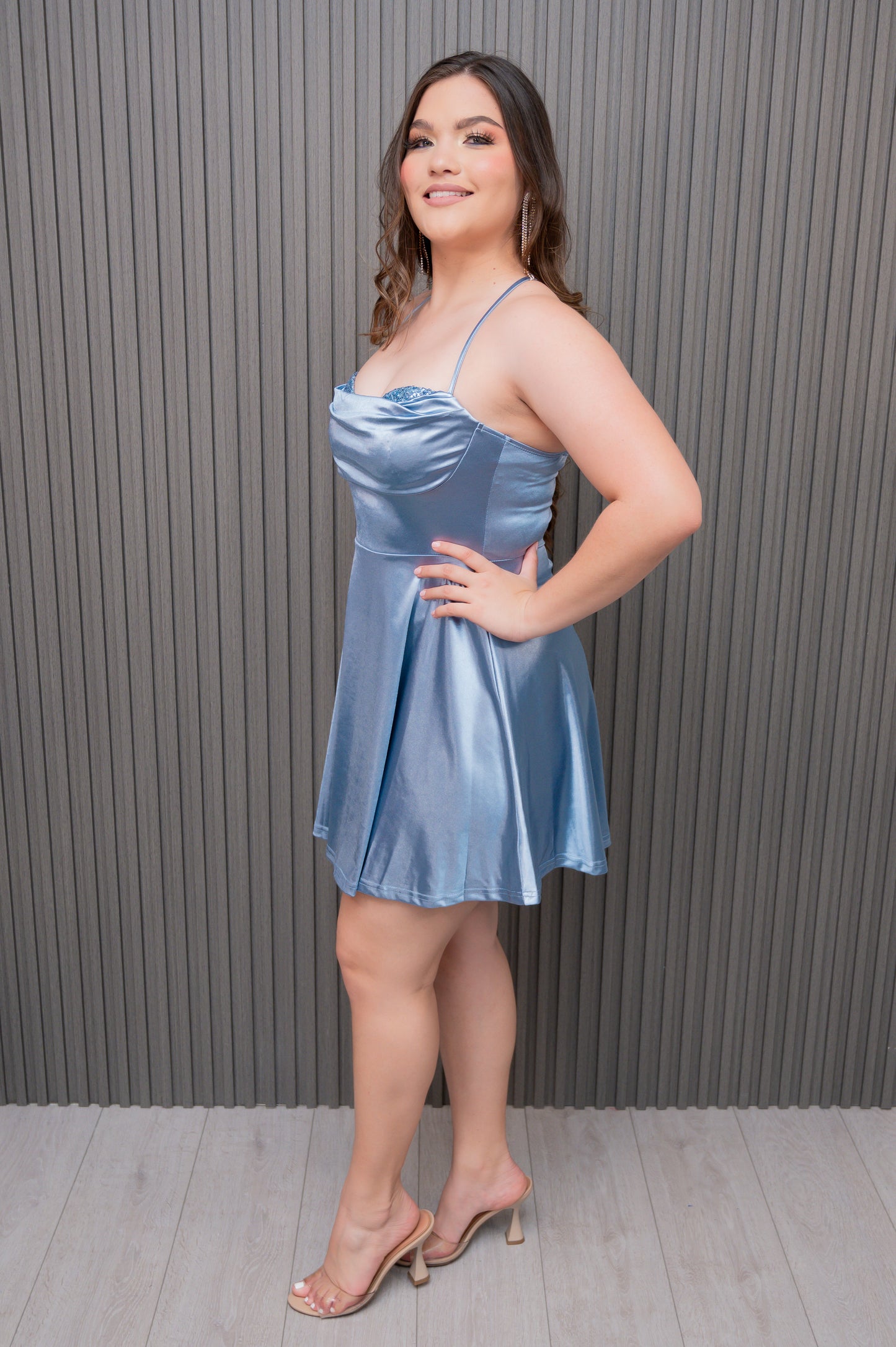 Sage Satin Fit and Flare Dress with Sequin Bust