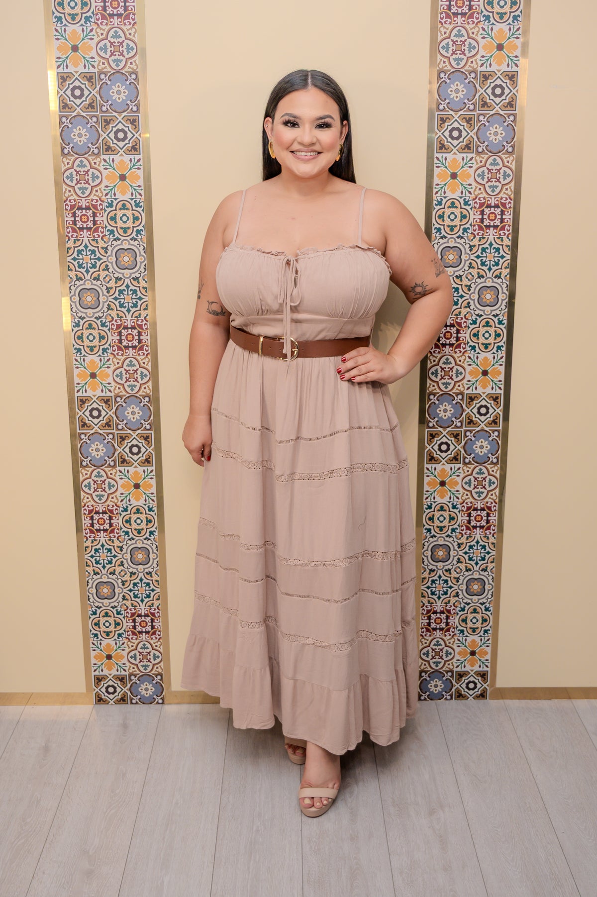 Taupe Sleeveless Dress with Belt