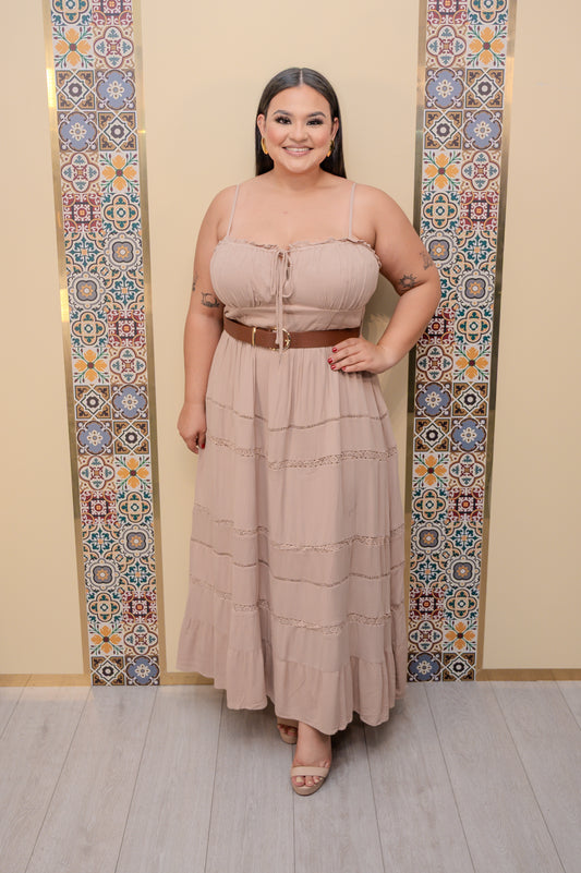 Taupe Sleeveless Dress with Belt