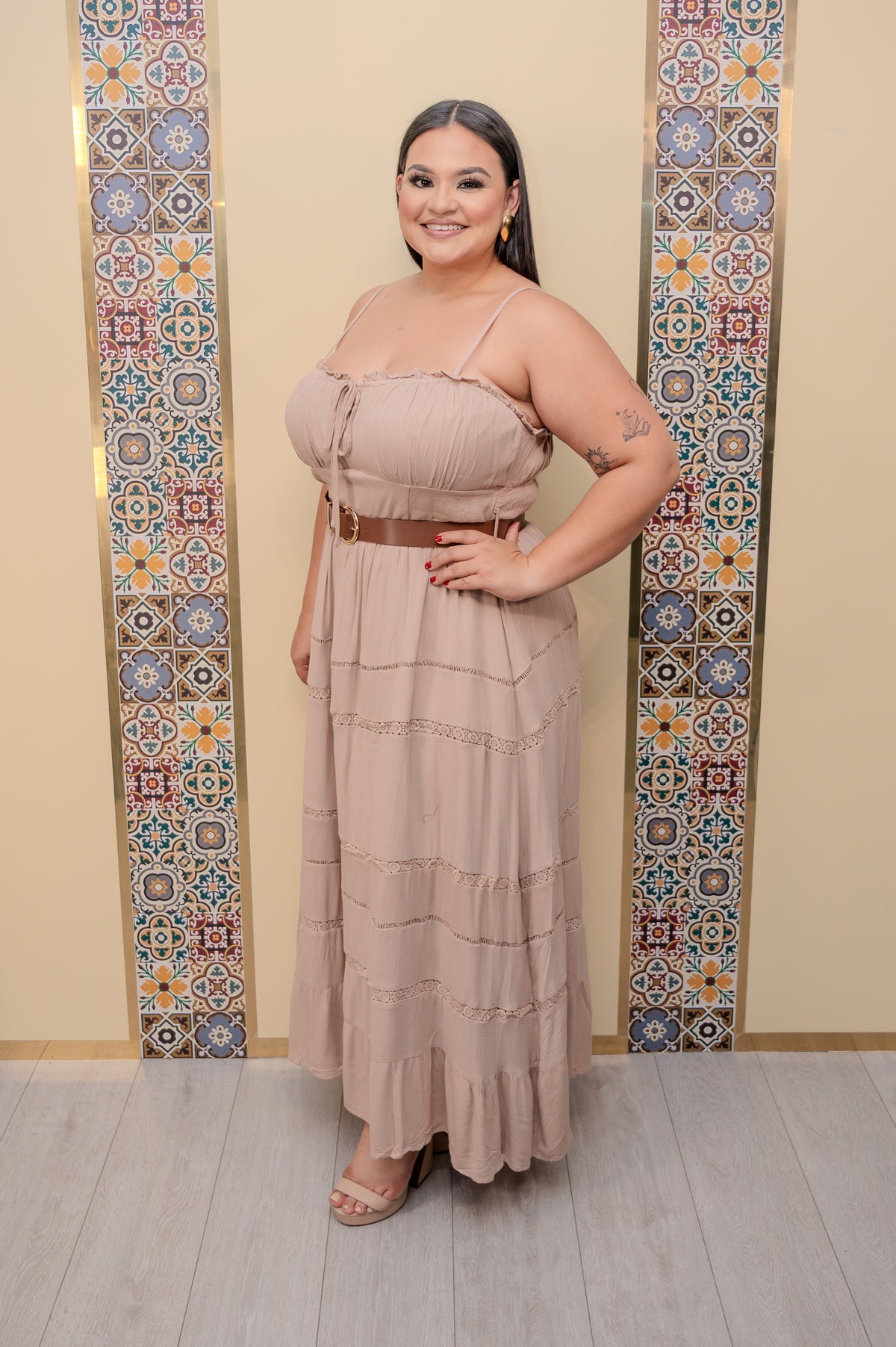 Taupe Sleeveless Dress with Belt