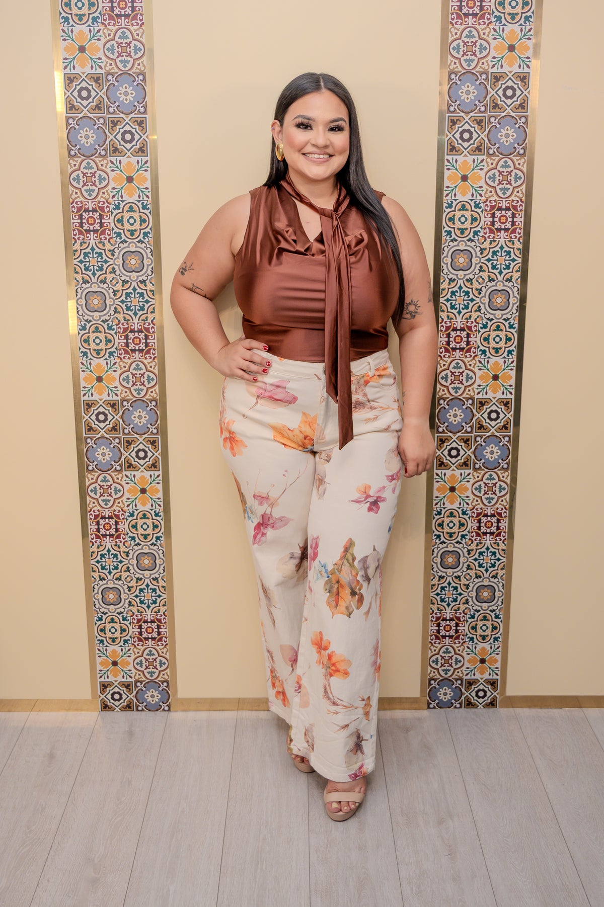 Beige Floral Jeans
