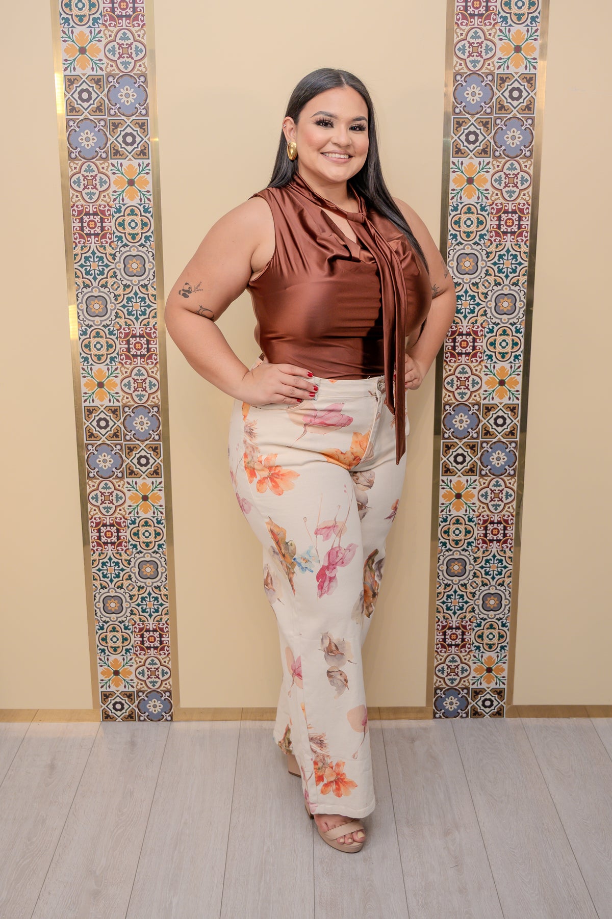 Beige Floral Jeans