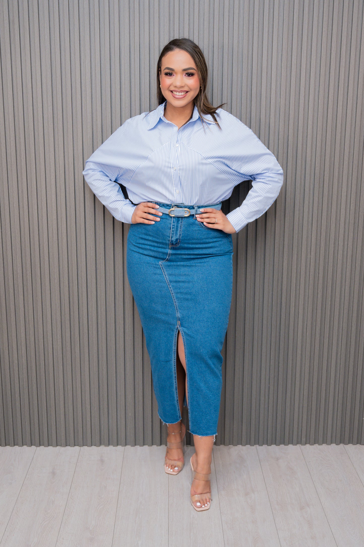 Blue Striped Blouse Dolman Sleeve Blouse