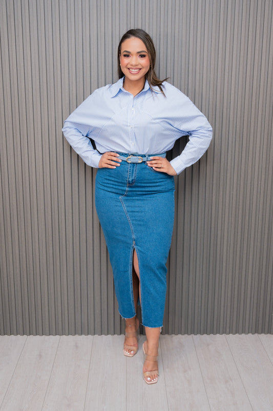 Blue Striped Blouse Dolman Sleeve Blouse