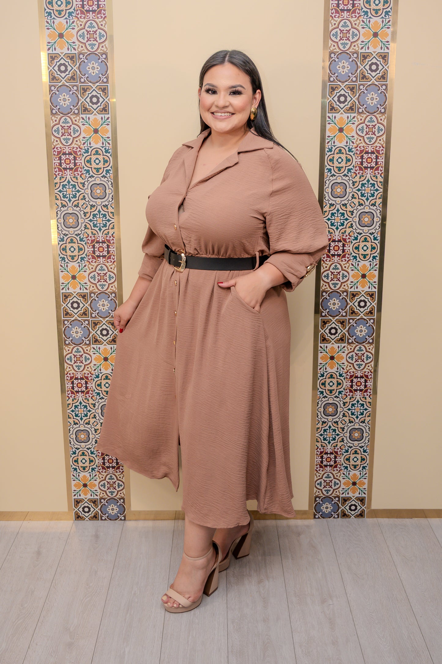Latte Button Down Midi Dress