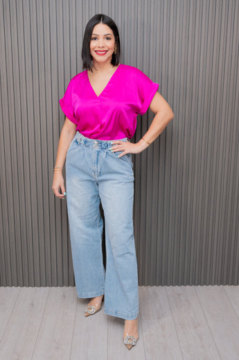 Magenta V-Neck Short Sleeve Blouse