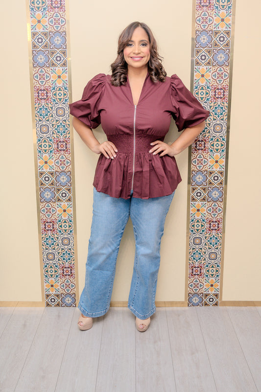 Wine Front Zipper Top