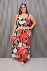 Navy/Red Floral Belted Maxi Dress