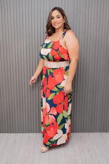 Navy/Red Floral Belted Maxi Dress