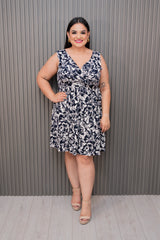 Navy/Ivory Printed Surplice Sleeveless Dress