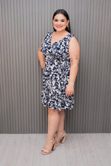 Navy/Ivory Printed Surplice Sleeveless Dress