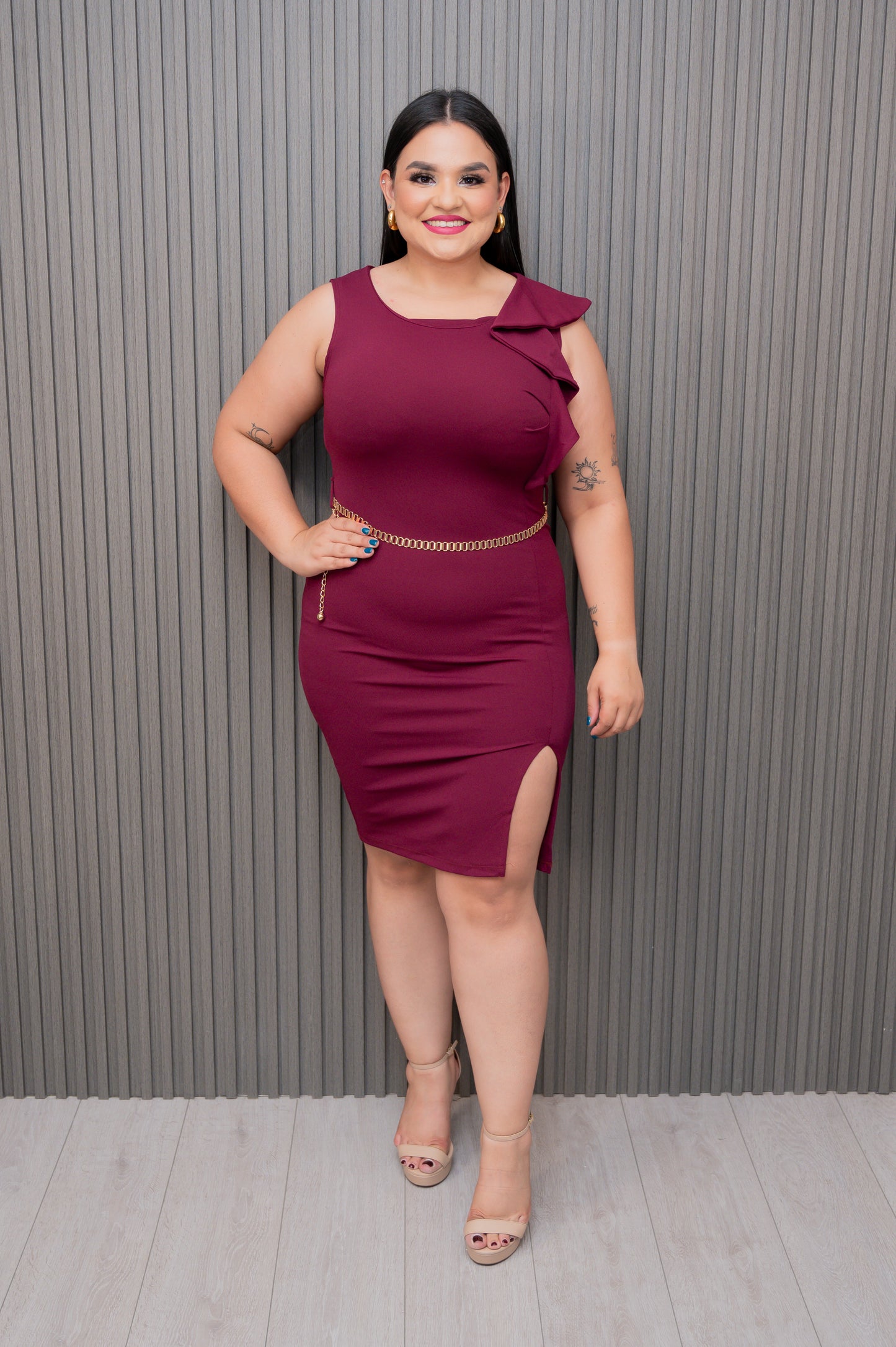 Wine Ruffle Sleeve Dress