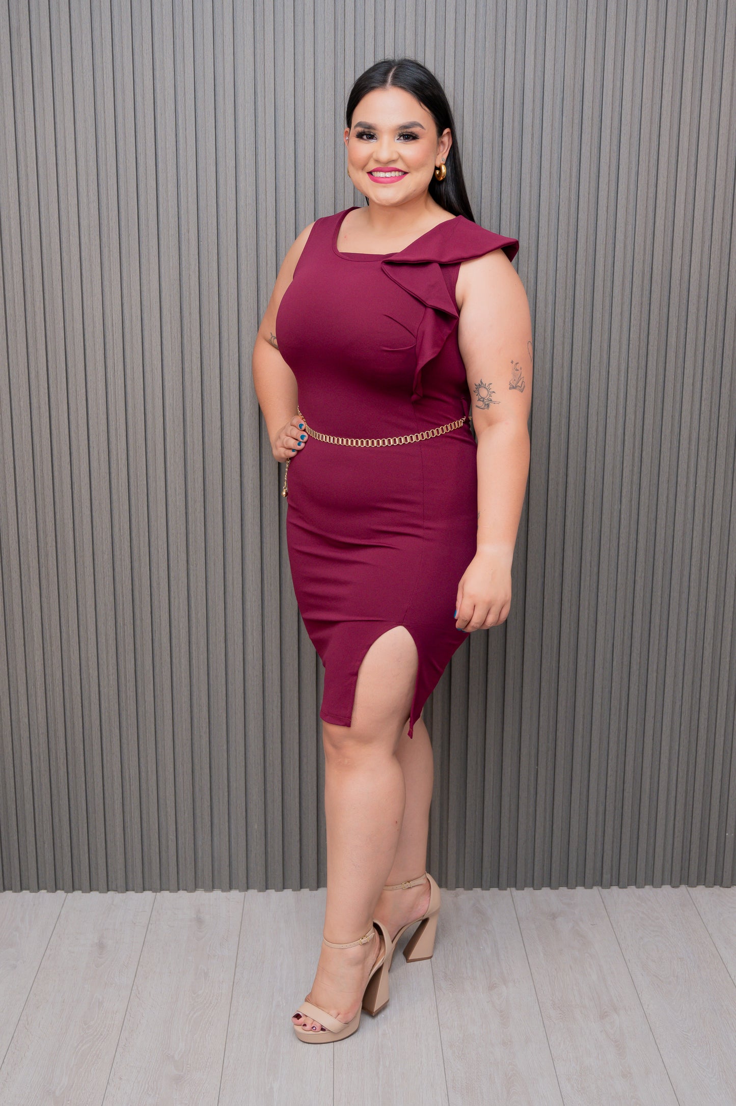 Wine Ruffle Sleeve Dress