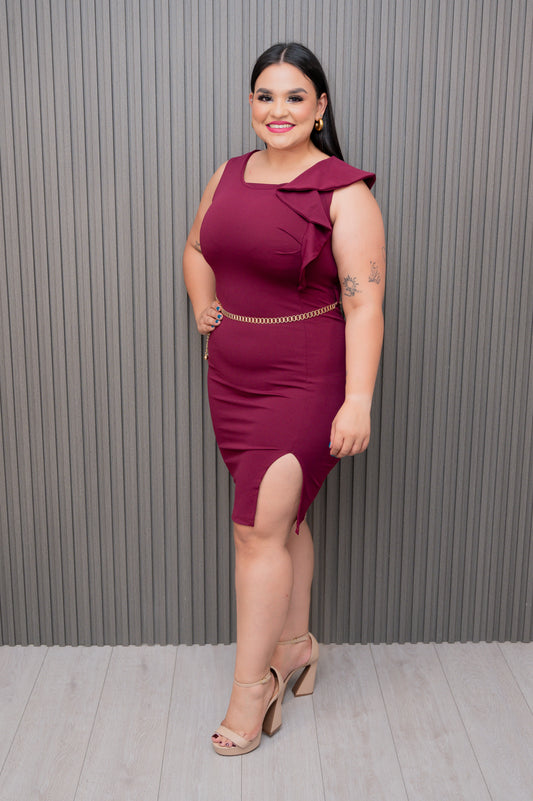 Wine Ruffle Sleeve Dress