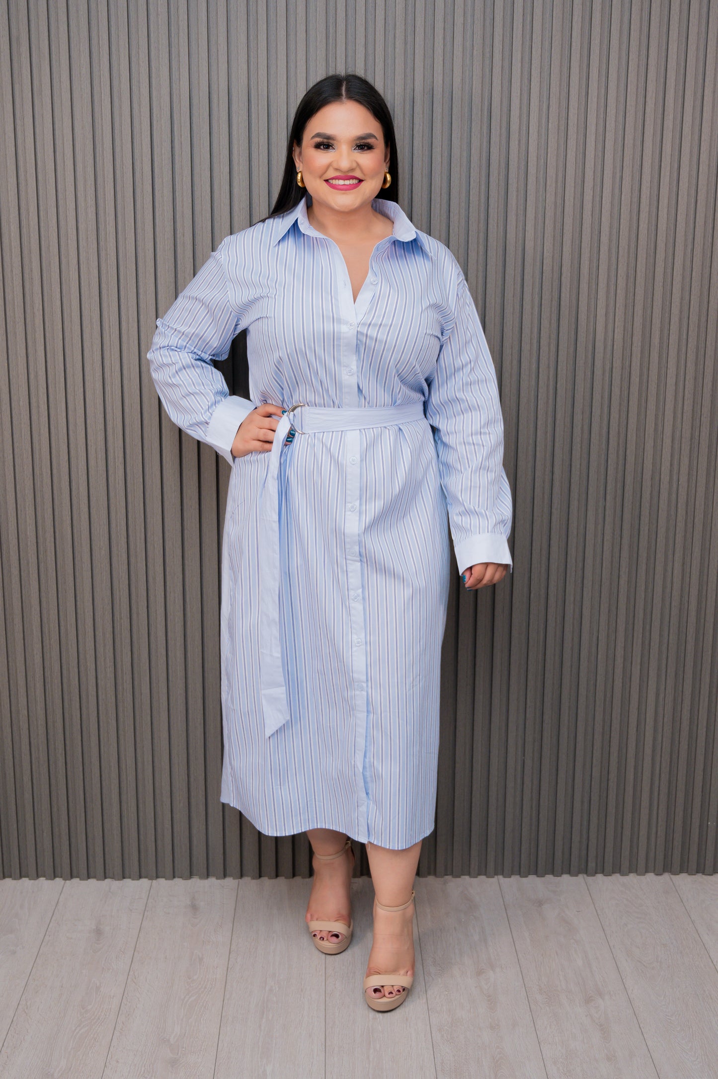 Blue Stripes Button Down Belted Dress