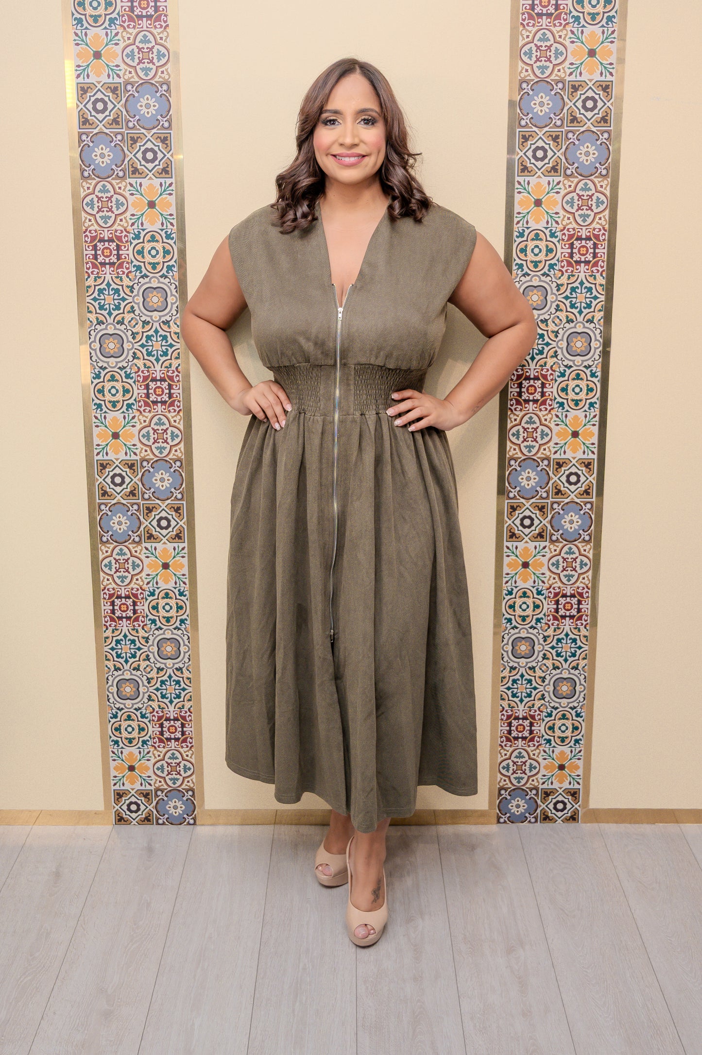 Olive Drop Shoulder Suede Midi Dress