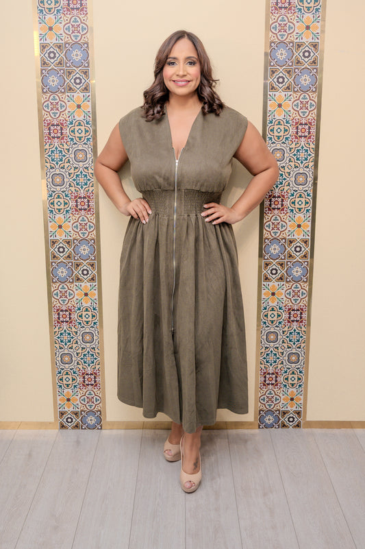 Olive Drop Shoulder Suede Midi Dress